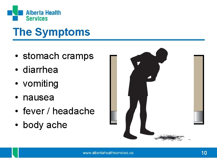 The Symptoms • • • stomach cramps diarrhea vomiting nausea fever / headache body