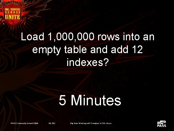 Load 1, 000 rows into an empty table and add 12 indexes? 5 Minutes