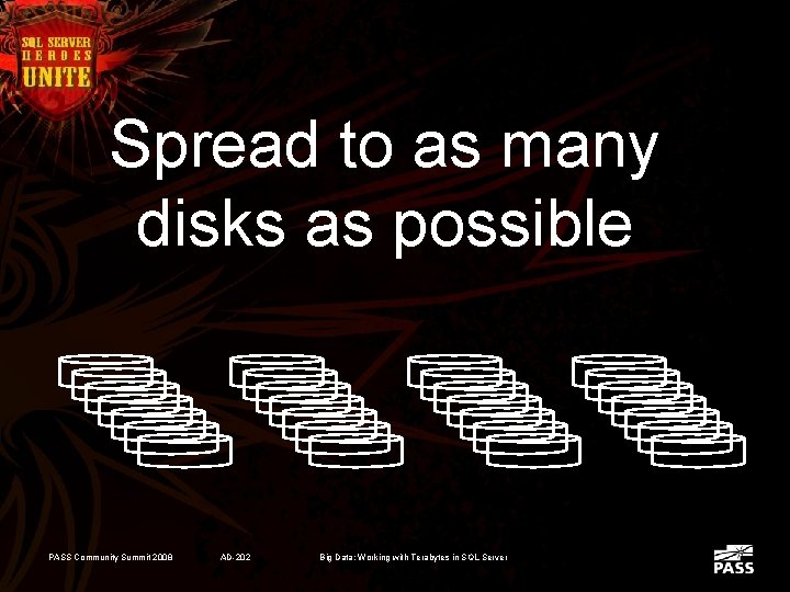 Spread to as many disks as possible PASS Community Summit 2008 AD-202 Big Data: