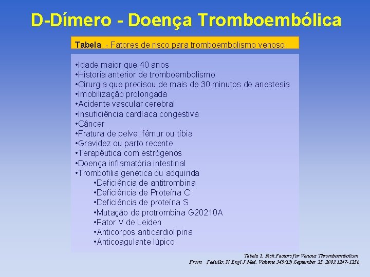 D-Dímero - Doença Tromboembólica Tabela - Fatores de risco para tromboembolismo venoso • Idade