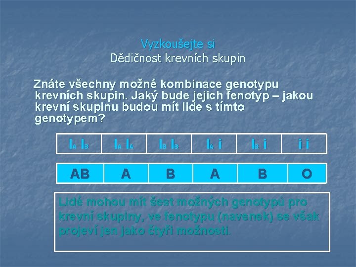 Vyzkoušejte si Dědičnost krevních skupin Znáte všechny možné kombinace genotypu krevních skupin. Jaký bude