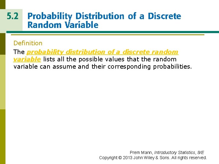 PROBABLITY DISTRIBUTION OF A DISCRETE RANDOM VARIABLE Definition The probability distribution of a discrete