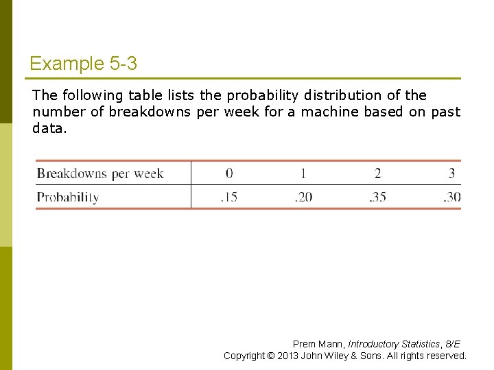 Example 5 -3 The following table lists the probability distribution of the number of