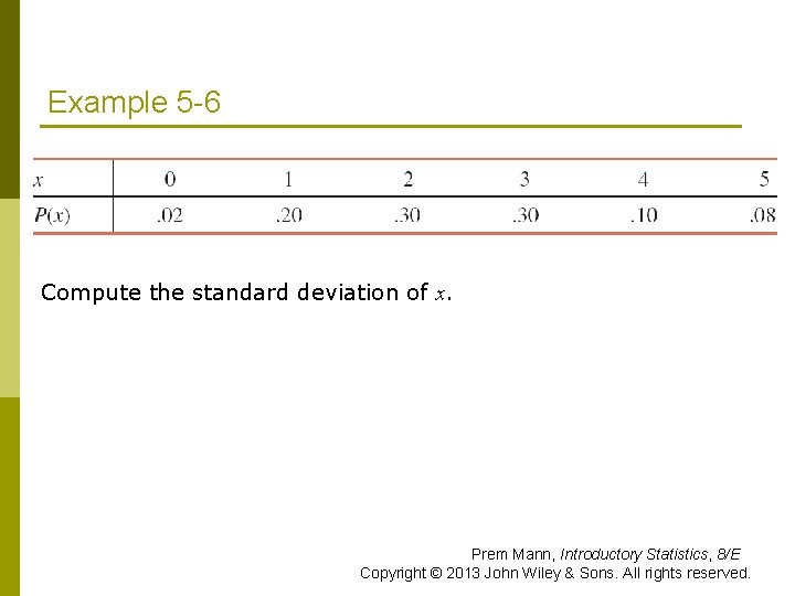 Example 5 -6 Compute the standard deviation of x. Prem Mann, Introductory Statistics, 8/E