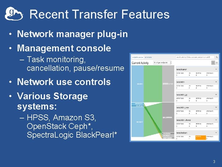 Recent Transfer Features • Network manager plug-in • Management console – Task monitoring, cancellation,