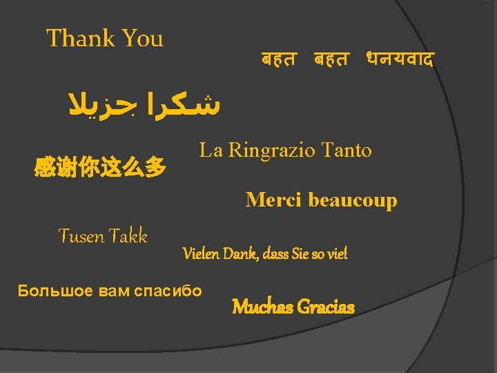 Thank You बहत धनयव द ﺷﻜﺮﺍ ﺟﺰﻳﻼ 感谢你这么多 La Ringrazio Tanto Merci beaucoup Tusen