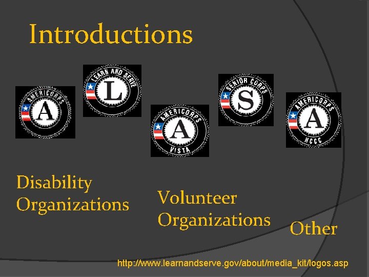 Introductions Disability Organizations Volunteer Organizations Other http: //www. learnandserve. gov/about/media_kit/logos. asp 