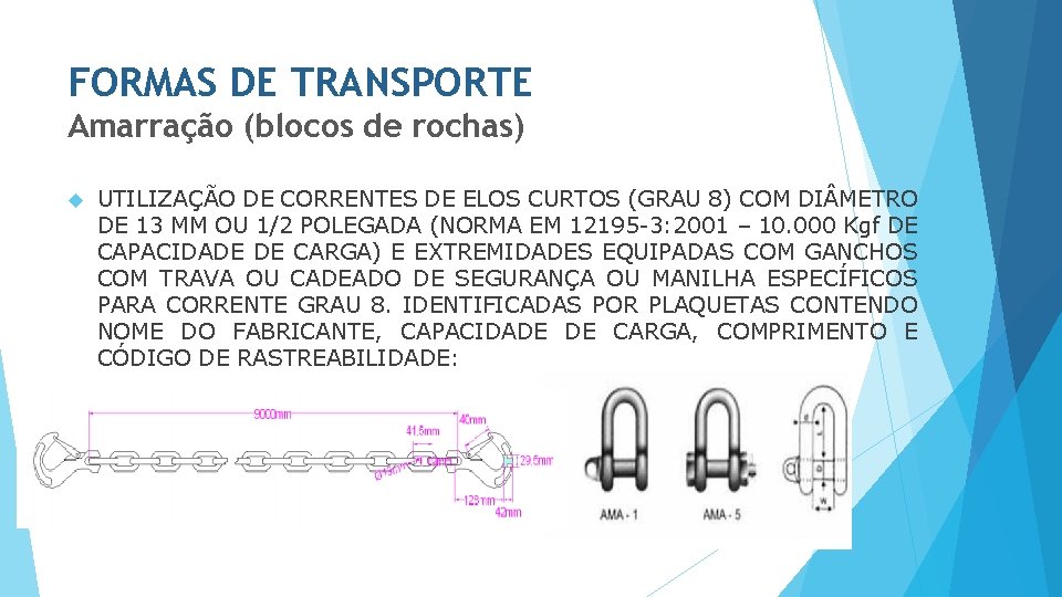 FORMAS DE TRANSPORTE Amarração (blocos de rochas) UTILIZAÇÃO DE CORRENTES DE ELOS CURTOS (GRAU