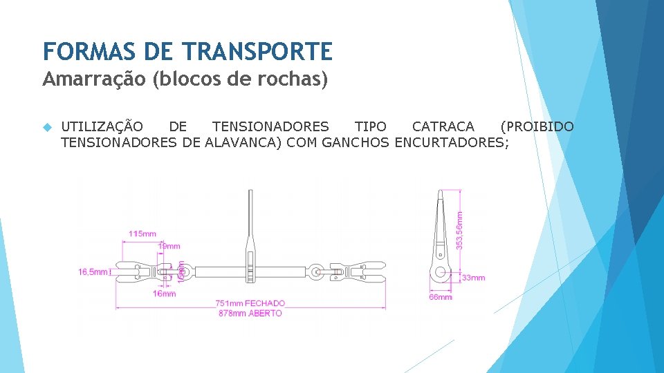 FORMAS DE TRANSPORTE Amarração (blocos de rochas) UTILIZAÇÃO DE TENSIONADORES TIPO CATRACA (PROIBIDO TENSIONADORES