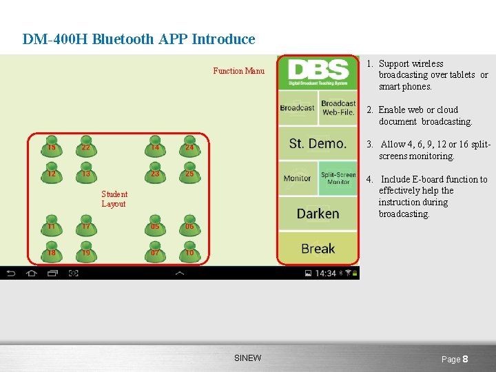 DM-400 H Bluetooth APP Introduce Function Manu 1. Support wireless broadcasting over tablets or