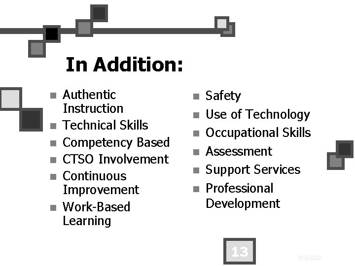 In Addition: n n n Authentic Instruction Technical Skills Competency Based CTSO Involvement Continuous