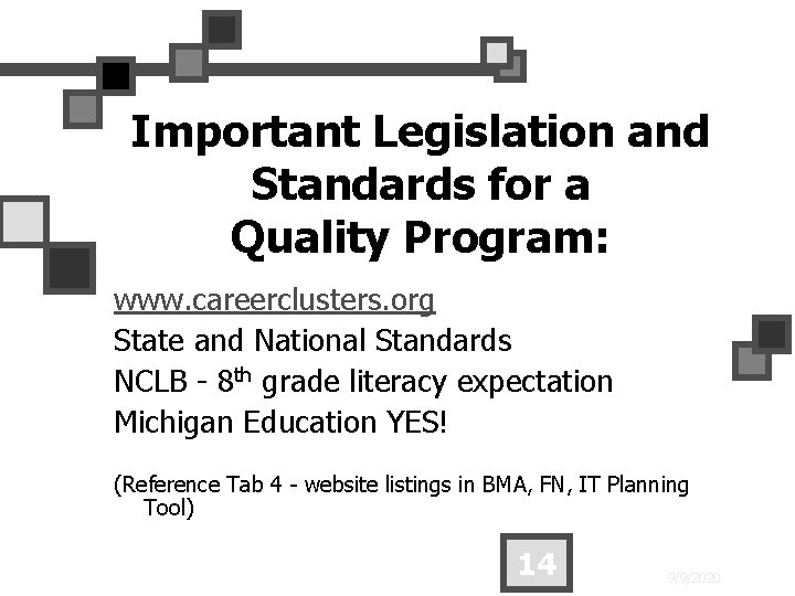 Important Legislation and Standards for a Quality Program: www. careerclusters. org State and National