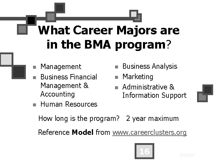 What Career Majors are in the BMA program? n n n Management Business Financial