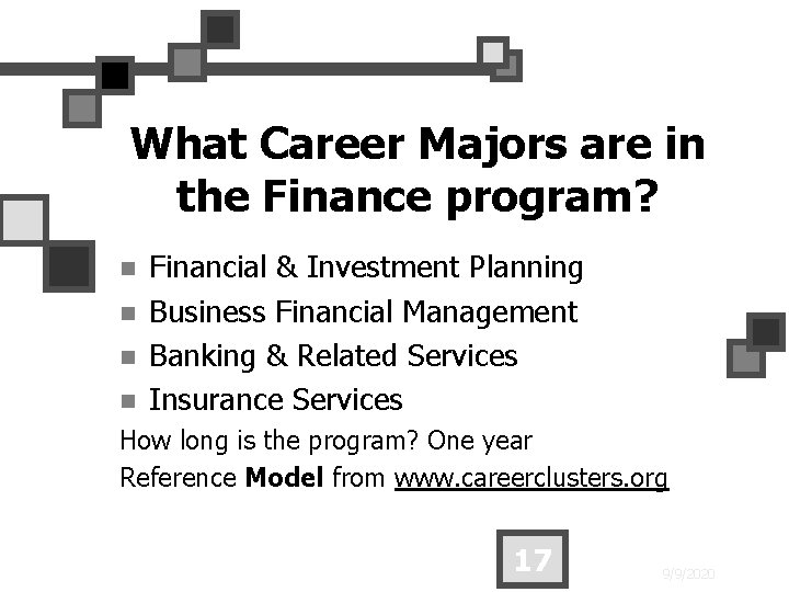 What Career Majors are in the Finance program? n n Financial & Investment Planning