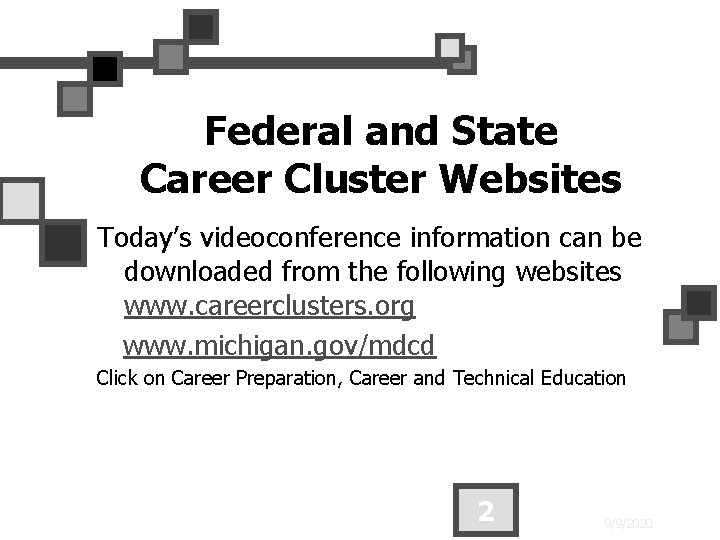 Federal and State Career Cluster Websites Today’s videoconference information can be downloaded from the