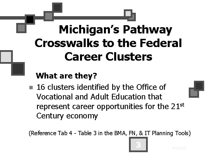 Michigan’s Pathway Crosswalks to the Federal Career Clusters n What are they? 16 clusters
