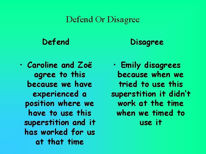 Defend Or Disagree Defend • Caroline and Zoë agree to this because we have