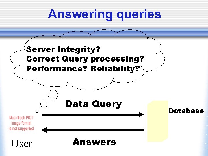 Answering queries Server Integrity? Correct Query processing? Performance? Reliability? Data Query User Answers Database