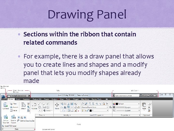 Drawing Panel • Sections within the ribbon that contain related commands • For example,