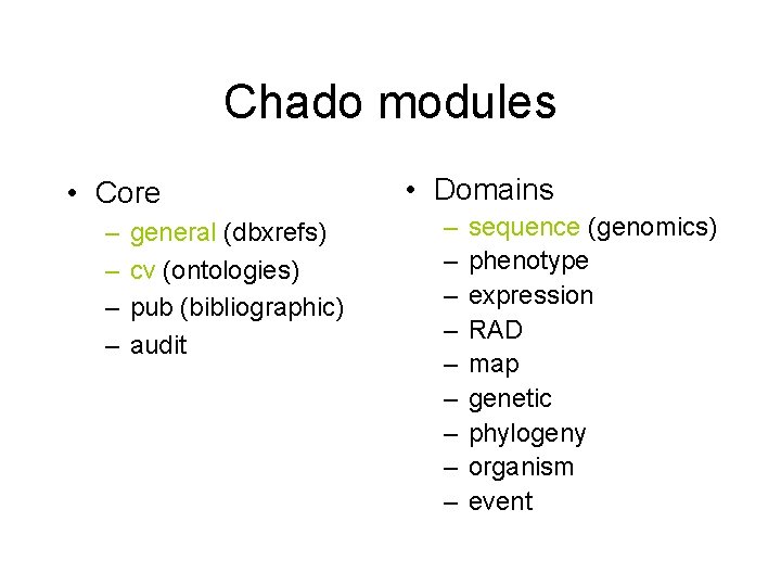 Chado modules • Core – – general (dbxrefs) cv (ontologies) pub (bibliographic) audit •