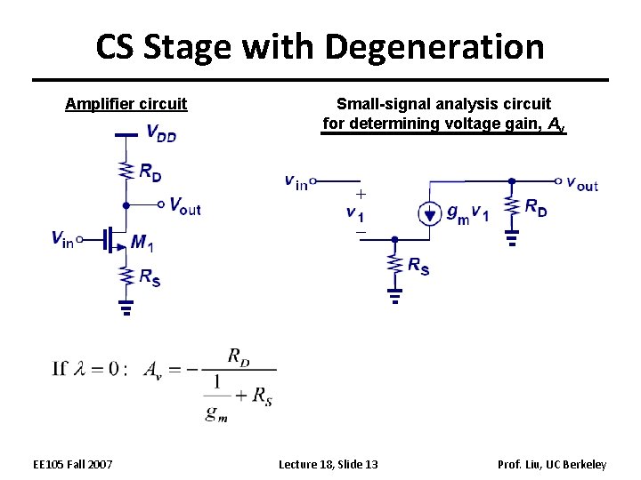 CS Stage with Degeneration Amplifier circuit EE 105 Fall 2007 Small-signal analysis circuit for