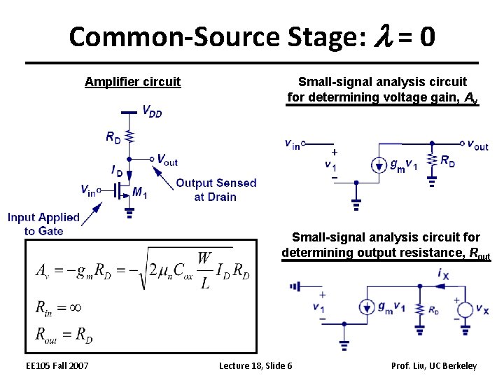 Common-Source Stage: = 0 Amplifier circuit Small-signal analysis circuit for determining voltage gain, Av