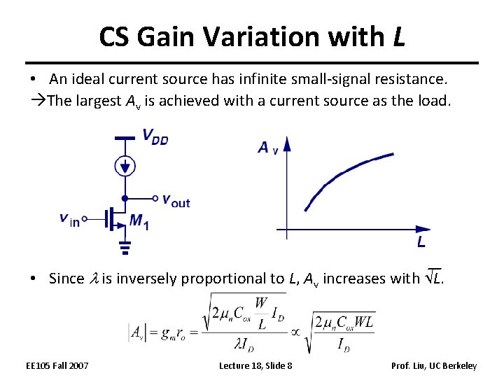 CS Gain Variation with L • An ideal current source has infinite small-signal resistance.