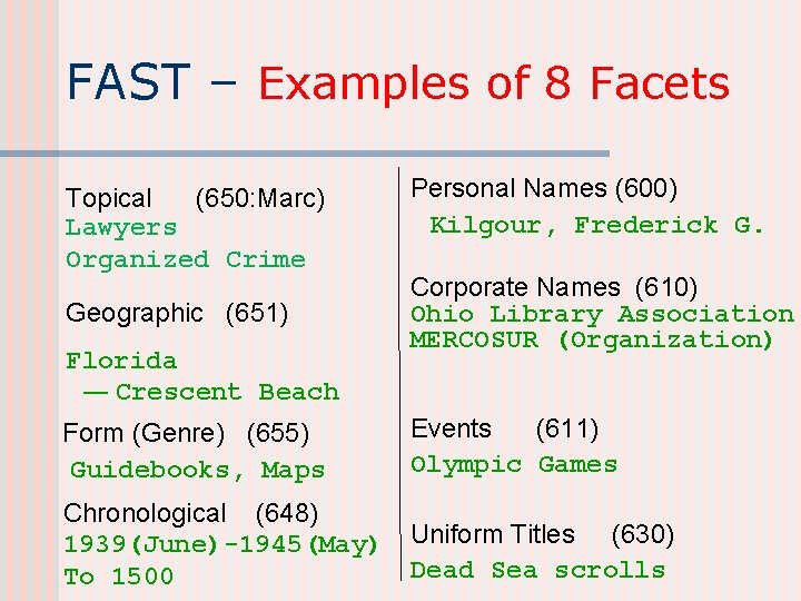 FAST – Examples of 8 Facets Topical (650: Marc) Lawyers Organized Crime Geographic (651)