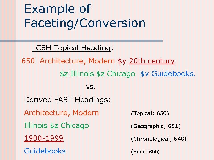 Example of Faceting/Conversion LCSH Topical Heading: 650 Architecture, Modern $y 20 th century $z