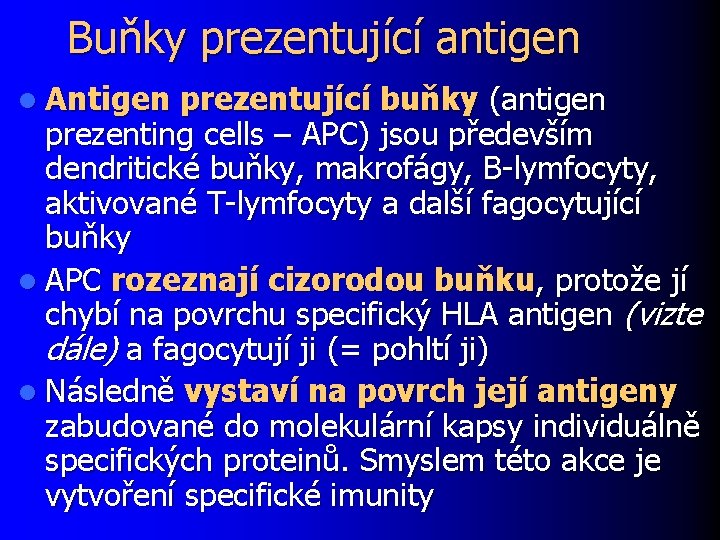Buňky prezentující antigen l Antigen prezentující buňky (antigen prezenting cells – APC) jsou především