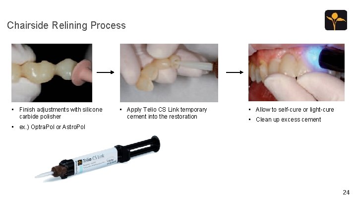 Chairside Relining Process • Finish adjustments with silicone carbide polisher • Apply Telio CS