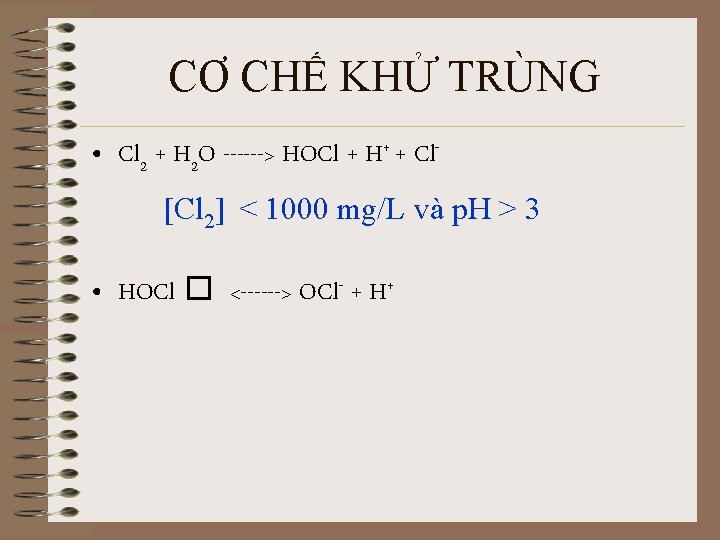 CƠ CHẾ KHỬ TRÙNG • Cl 2 + H 2 O ------> HOCl +