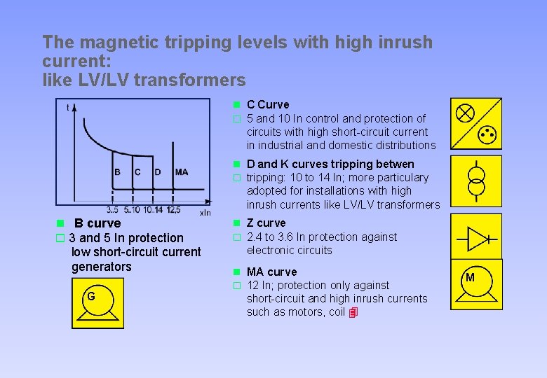 The magnetic tripping levels with high inrush current: like LV/LV transformers n C Curve