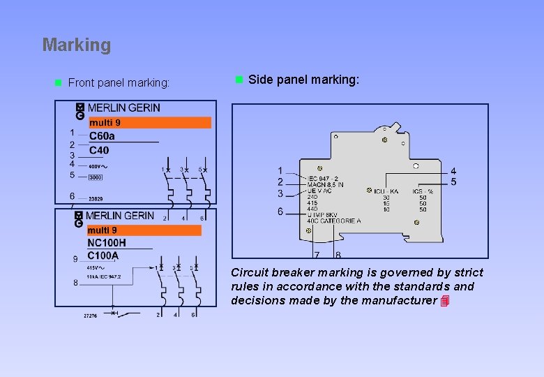 Marking n Front panel marking: n Side panel marking: Circuit breaker marking is governed