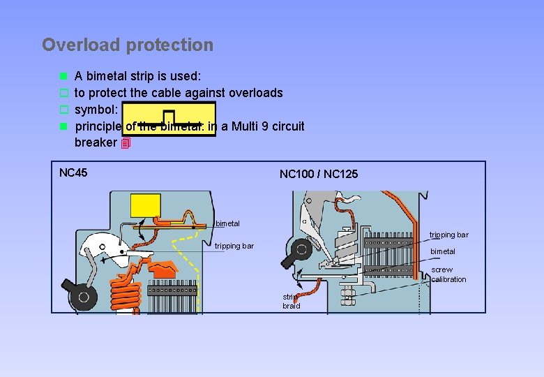 Overload protection n A bimetal strip is used: o to protect the cable against