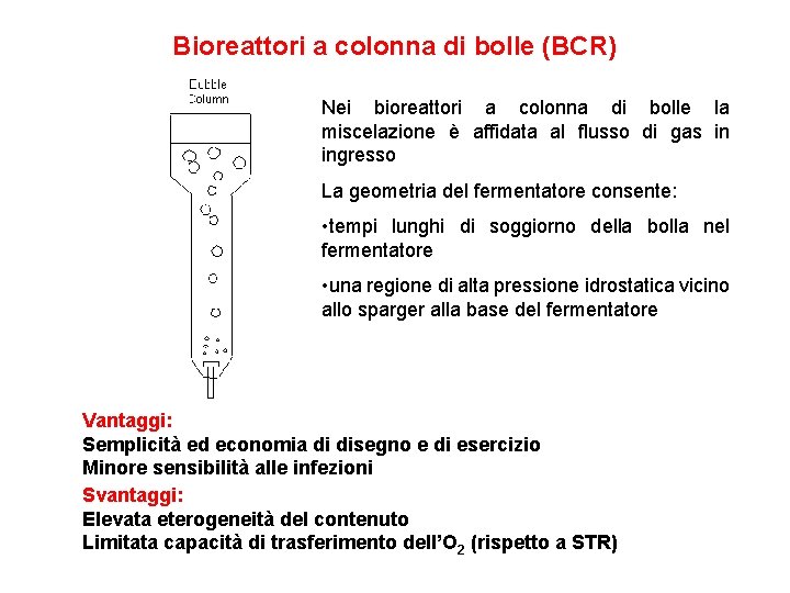 Bioreattori a colonna di bolle (BCR) Nei bioreattori a colonna di bolle la miscelazione