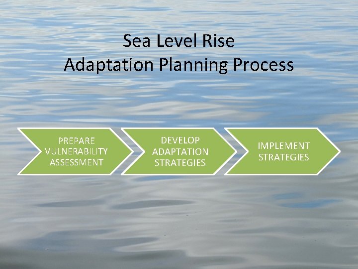 Sea Level Rise Adaptation Planning Process PREPARE VULNERABILITY ASSESSMENT DEVELOP ADAPTATION STRATEGIES IMPLEMENT STRATEGIES