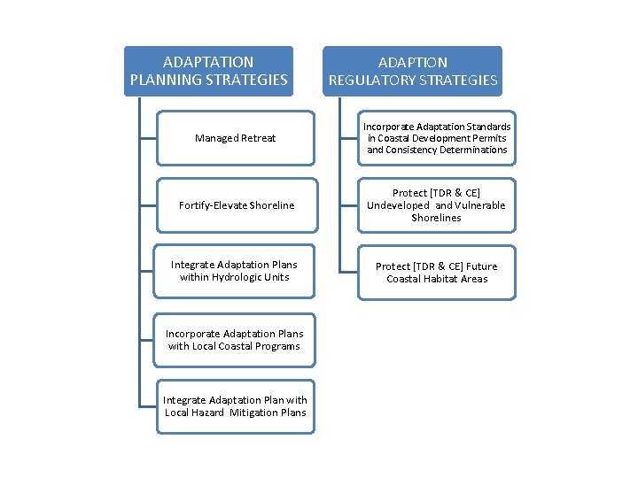 ADAPTATION PLANNING STRATEGIES ADAPTION REGULATORY STRATEGIES Managed Retreat Incorporate Adaptation Standards in Coastal Development