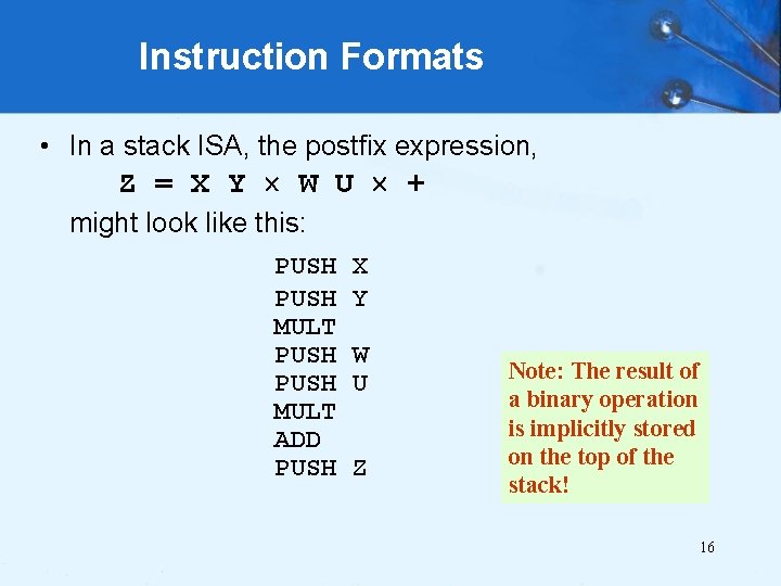Instruction Formats • In a stack ISA, the postfix expression, Z = X Y