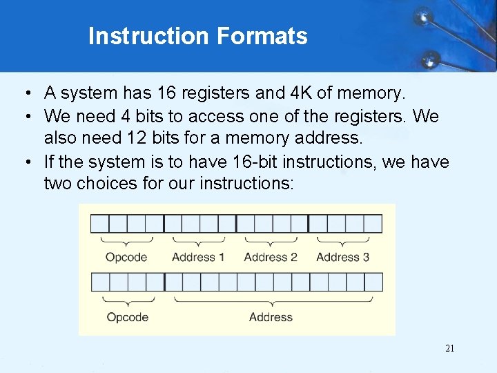 Instruction Formats • A system has 16 registers and 4 K of memory. •