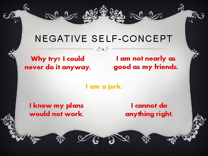 NEGATIVE SELF-CONCEPT Why try? I could never do it anyway. I am not nearly
