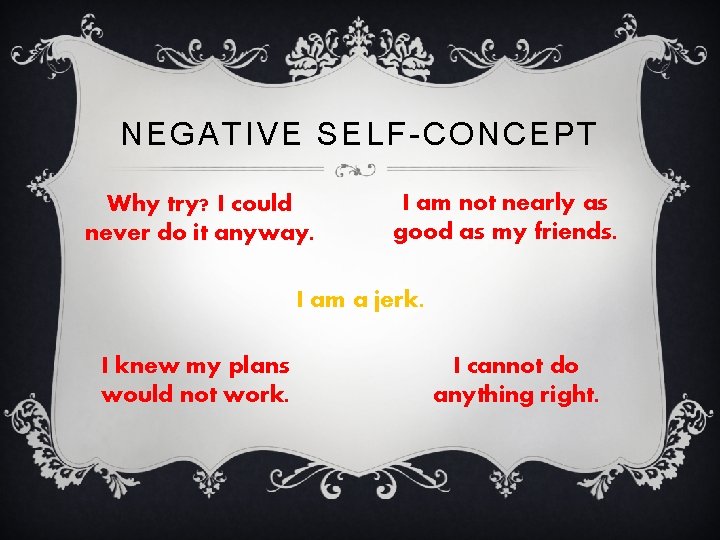 NEGATIVE SELF-CONCEPT Why try? I could never do it anyway. I am not nearly NEGATIVE SELF-CONCEPT Why try? I could never do it anyway. I am not nearly