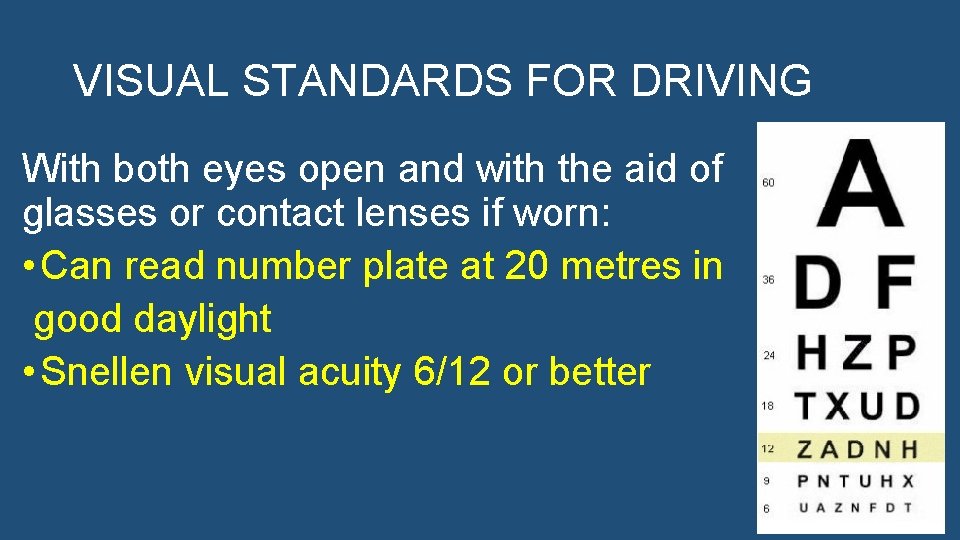 VISUAL STANDARDS FOR DRIVING With both eyes open and with the aid of glasses