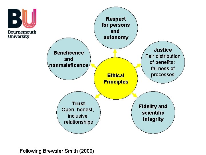 Respect for persons and autonomy Beneficence and nonmaleficence Ethical Principles Trust Open, honest, inclusive