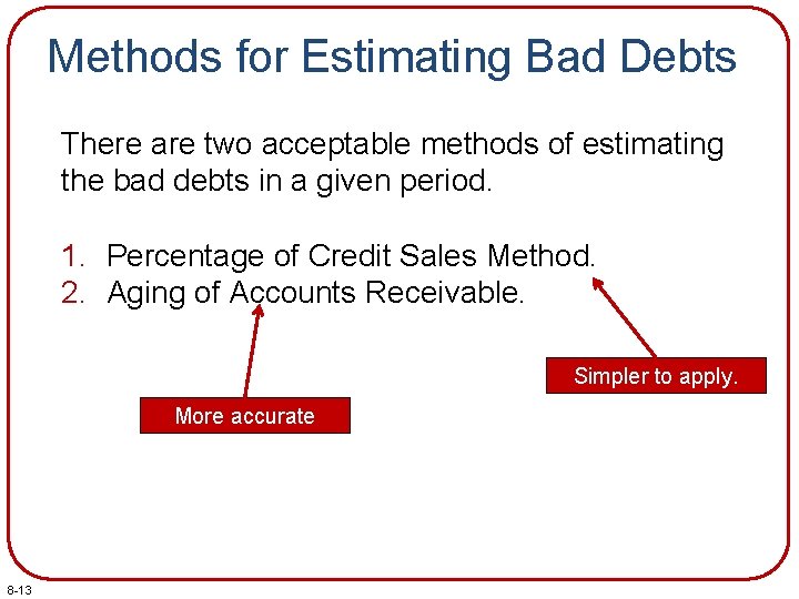Methods for Estimating Bad Debts There are two acceptable methods of estimating the bad