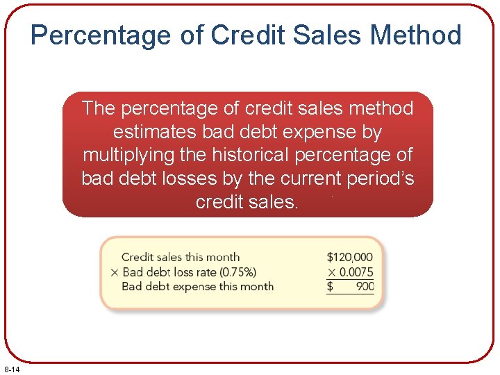 Percentage of Credit Sales Method The percentage of credit sales method estimates bad debt