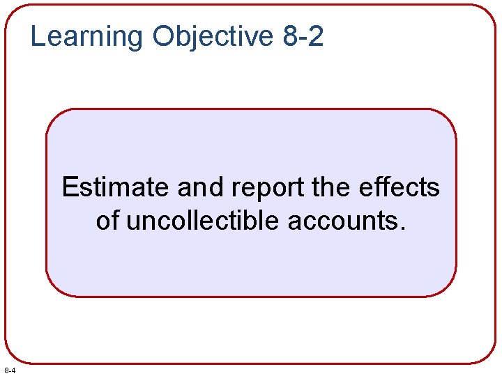 Learning Objective 8 -2 Estimate and report the effects of uncollectible accounts. 8 -4