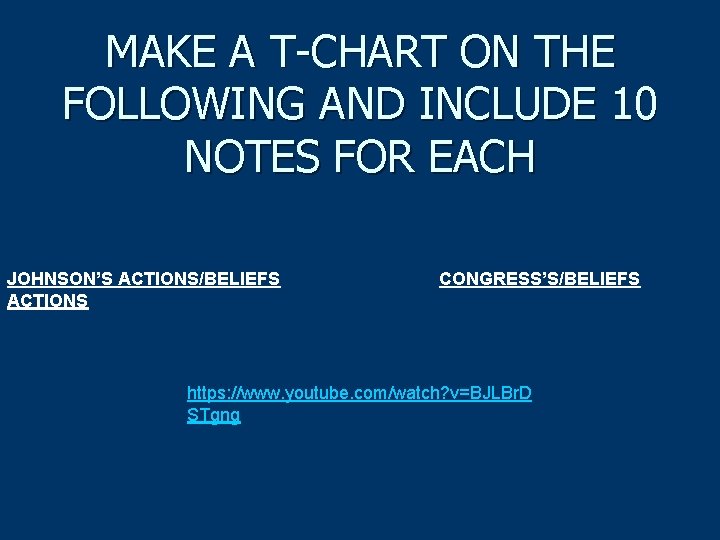 MAKE A T-CHART ON THE FOLLOWING AND INCLUDE 10 NOTES FOR EACH JOHNSON’S ACTIONS/BELIEFS
