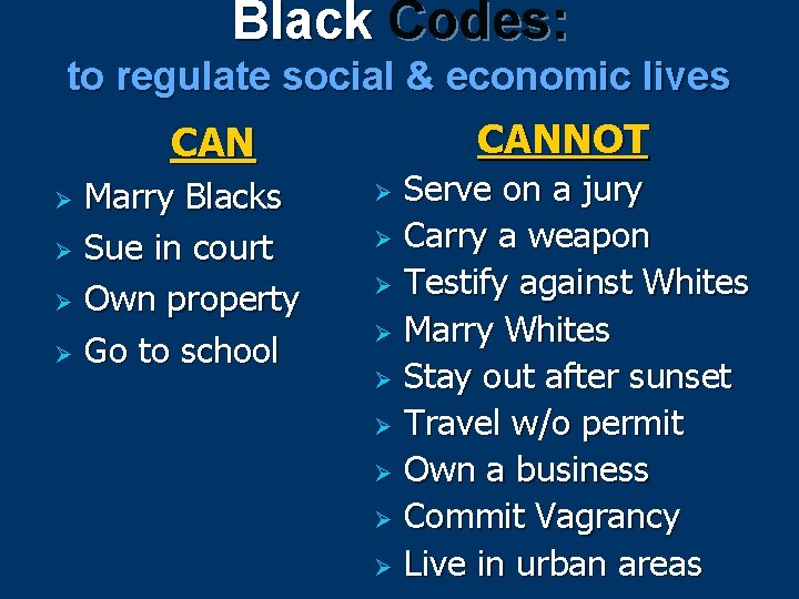 Black Codes: to regulate social & economic lives CAN Marry Blacks Ø Sue in
