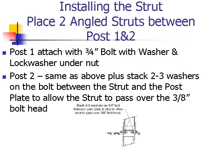 Installing the Strut Place 2 Angled Struts between Post 1&2 n n Post 1